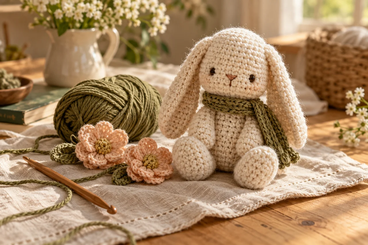 Cream crochet bunny, soft cotton yarn and handmade flowers on a linen-covered craft table