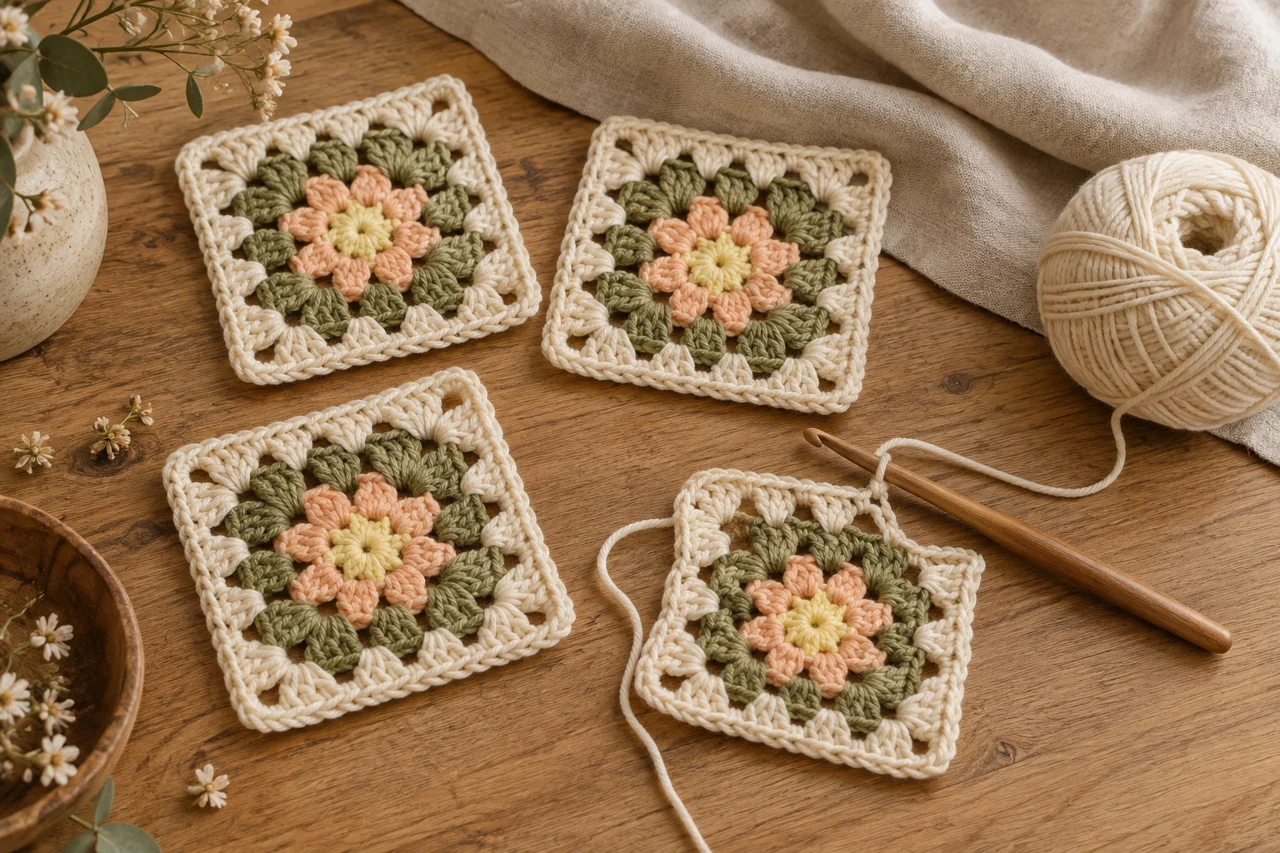 Floral granny squares in cream, olive and apricot with a wooden crochet hook